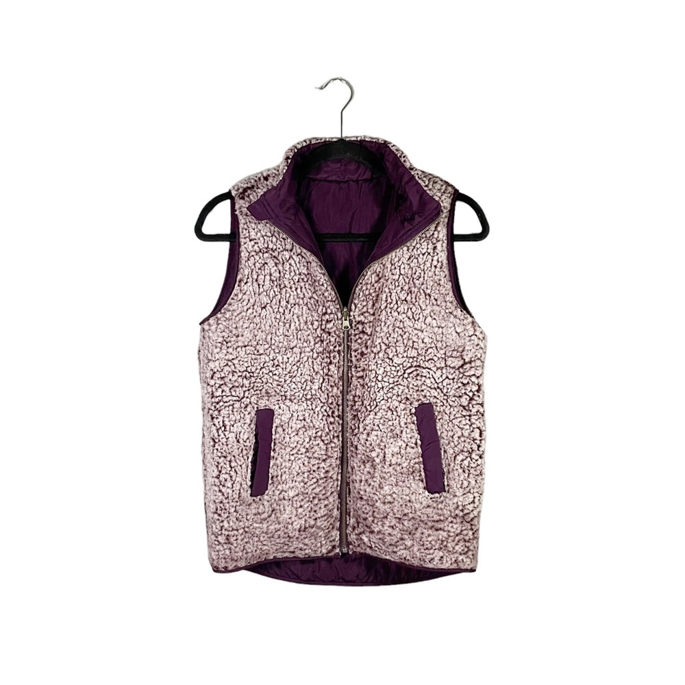 Reversible Sherpa Puffer Vest With Pockets Wine Red/Purple Casual Outdoor